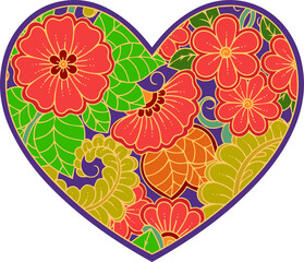 Ornate heart with a floral collage  in bright summer colors