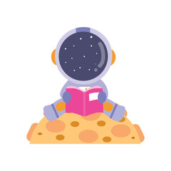 illustration vector graphic  astronaut kid the galaxy exploler reading a book.  Cute happy cartoon children character in spacesuit with special helmet.