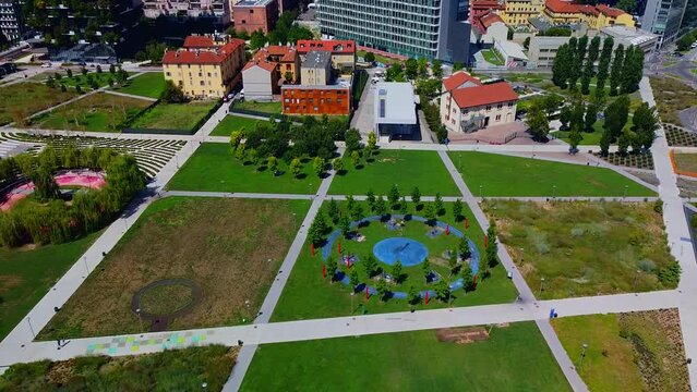 Lido Bam. Library of trees. Parco Biblioteca degli Alberi Milano - BAM. Italian city of fashion. Vertical forest. New urban architecture. aerial view of people. A park. Milan, Italy, 03.2023