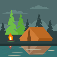 	
tourist tent and bonfire vector design