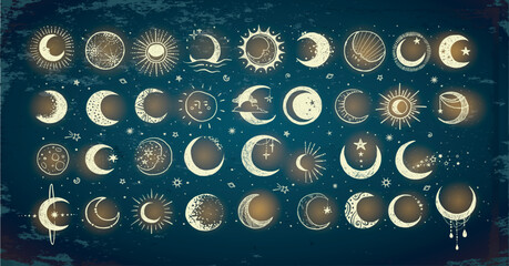 Doodles with the glowing moon on dark background. Crescent moon collection. Vector sketch illustration.
