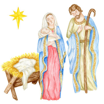 Christmas nativity scene with the Holy Family watercolor illustration, Madonna, child Jesus, Saint Joseph. Saint Virgin Mary holding baby Jesus Christ, hand drawn on white background.