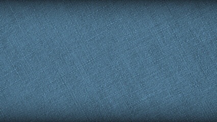 Blue woven surface closeup. Linen textile texture. Fabric handicraft background. Textured braided backdrop with wignetting. Len wallpaper. Macro