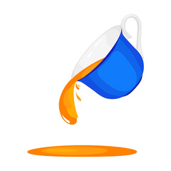 A blue cup with a drop of tea or coffee in the speaker. Tea and cups are pouring. realistic  illustration isolated on a white background.