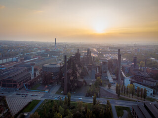 Aerial view of the city of Ostrava at sunset