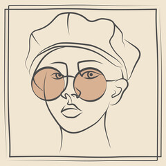 Young linear woman in hat line drawing illustration.