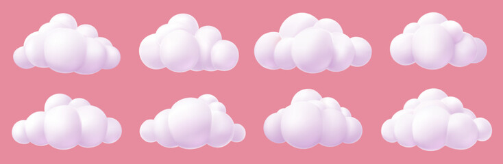 3d render set cartoon clouds on Pink background. Render soft round cartoon fluffy clouds icon set. Vector illustration.