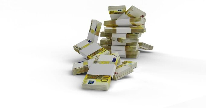 3D Animation of two hundred euro stacked falling down on a white background, green screen and selection mask included