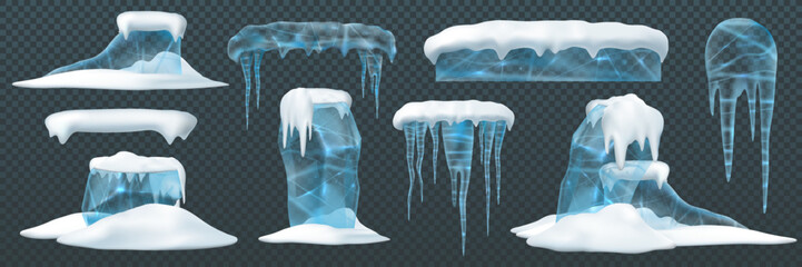 Ice and snow. Elements arctic snowy cold water winter. Realistic icon set, cartoon style. Vector illustration