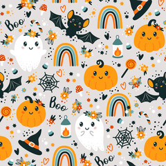 Naklejka premium Seamless pattern with cute halloween elements, ghosts, pumpkins, hats, bats, rainbows and flowers. Vector illustration.