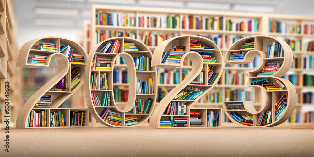 Poster 2023 new year education concept. bookshelves with books in the form of text 2023 in library.