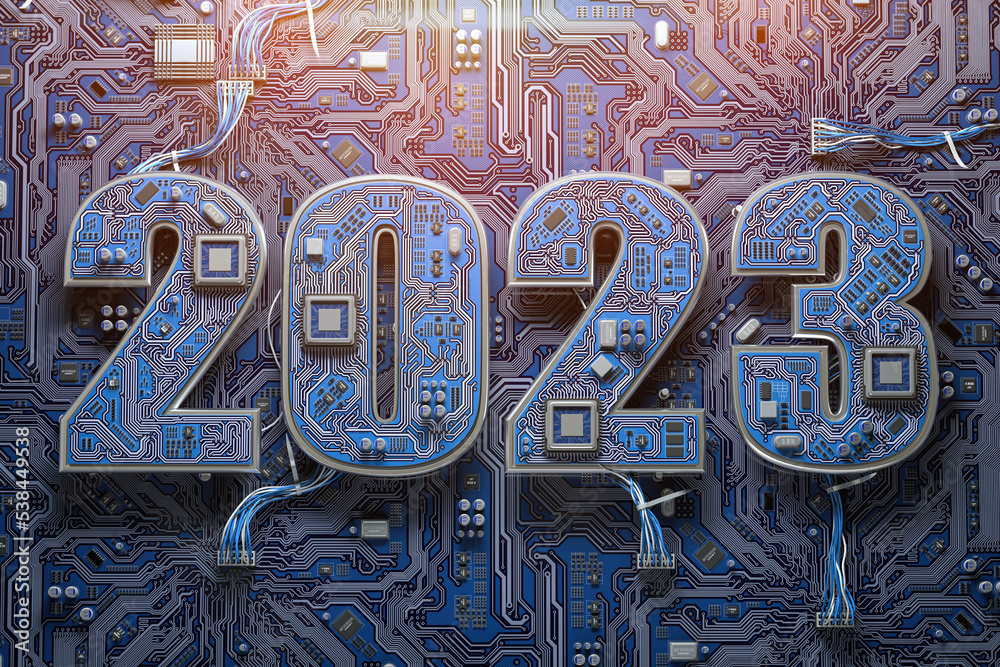 Poster 2023 on circuit board or motherboard with cpu. Computer technology and internet commucations digital concept background. Happy new 2023 year.