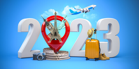 2023 Happy new year. Number 2023 and pin with most popular landmarks of the world. New year celebration in London, Paris, Rome or New York.