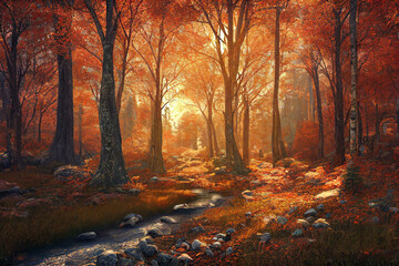 Fototapeta na wymiar Autumn forest landscape, art illustration