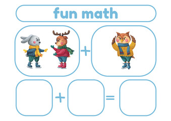 Winter Activity page, sheet for kids. Arithmetic task with forest animals is a game for teaching a child to count. An exercise for learning numbers. a mathematical example for a preschooler.