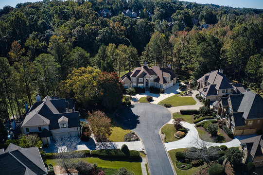 Aerial panoramic view of a beautiful neighborhood in an upscale subdivision in suburbs of Atlanta, USA