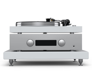 Vinyl record player or DJ turntable with retro vinyl disk on white background.