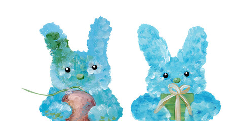 Pair of blue rabbits painted in gouache. Christmas illustration