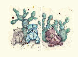 Vintage illustration with colored pencils and watercolor. Soft izrushki - bears surrounded by cacti. Graphic and watercolor concept in cartoon style