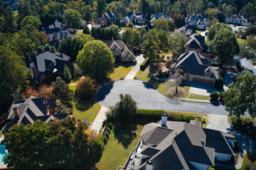 Aerial panoramic view of a beautiful neighborhood in an upscale subdivision in suburbs of Atlanta,...