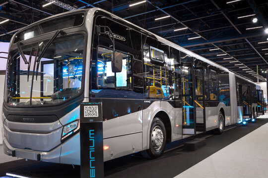 Vehicle Caio Millennium V super articulated bus on display at the LAT.BUS 2022 show, held in the city of São Paulo.