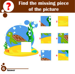 Find missing piece. Puzzle game for children. Funny sea turtle