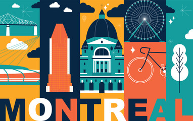 Typography word Montreal branding technology concept. Collection of flat vector web icons. Culture travel set, famous architectures, specialties silhouette. Canada famous landmark, split video screen