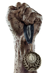 Sport  transparent background, Male hand holding gold medal.