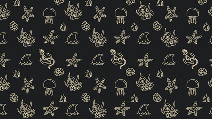 Seafood and fish pattern with  fish, calamari, lobster, crab, shrimp, prawn, mussel, herbs, shell