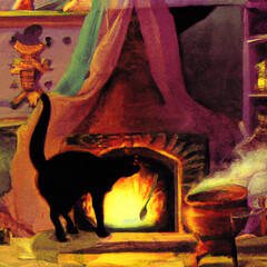 Artwork of a black cat Silhouette against a fireplace with a bright fire and a cauldron or kettle next to the hearth. Autumn or Halloween theme.
CGI Image