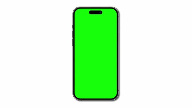 Mobile phone animated mockup with green screen. Isolated on white background. Animation for presentation. Mobile phone mockup with blank green screen. 4K animation