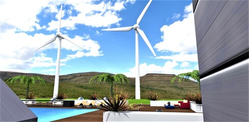 View from the window to the courtyard of a wonderful sunny court of a suburban club hotel with a pool and a recreation area. Energy supply is carried out using wind generation. 3D rendering.