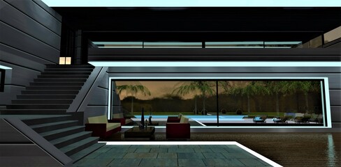 Fototapeta premium A cozy quiet place in the rays of the night LED illumination of the facade of a modern stylish house. Comfortable sofa and table on a wooden floor. Concrete stairs to the second floor. 3d rendering.