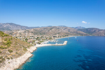 Fototapeta na wymiar Amazing aerial photo of Datca peninsula, indented coastline between of mediterranean and aegean seas with beautiful turquoise water, altitude about 1 km, Turkey, Palamutbuku