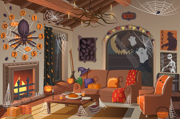 Vector hand drawn interior decorated with different festive attributes for Halloween.
