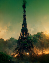 The decaying Eiffel Tower. The burning Eiffel Tower. End of the world in Paris. Post-apocalyptic vision of the world.