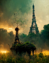 The decaying Eiffel Tower. End of the world in Paris. Post-apocalyptic vision of the world.