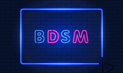 Neon sign BDSM in a frame on brick wall background. Vintage electric signboard with bright neon lights. Blue and pink light falls. Vector illustration