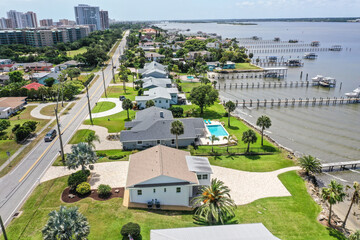 Aerial looking south over Daytona Beach Shores residential riverfront neighborhood in the...