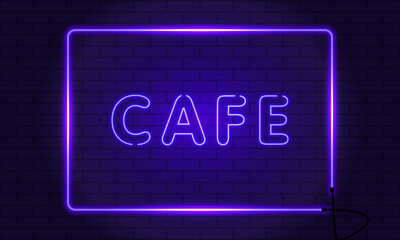 Neon sign CAFE in a frame on brick wall background. Vintage electric signboard with bright neon lights. Purple light falls. Vector illustration