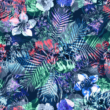 Seamless flowers camouflage pattern. seamless hand drawn tropical vector pattern with bright hibiscus flowers and exotic palm leaves on dark blue background. Fashion, textile, fabric