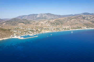 Naklejka premium Amazing aerial photo of Datca peninsula, indented coastline between of mediterranean and aegean seas with beautiful turquoise water, altitude about 1 km, Turkey, Palamutbuku