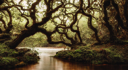 Mystic forest with moss and old trees