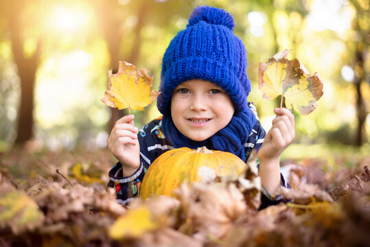 Happy little child baby boy laughing and playing in the autumn