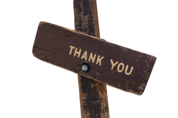 Rustic wood thank you sign isolated.