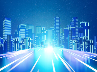 3D dark blue city with light reflection background for technology concept. 3D illustration rendering.