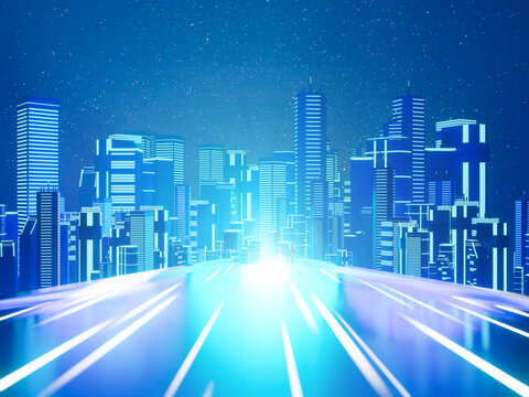 3D Dark Blue City With Light Reflection Background For Technology Concept. 3D Illustration Rendering.