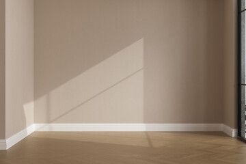 Fototapeta premium Realistic 3D render of room, beautiful sunlight and window frame shadow on beige blank wall, white skirting board in an empty room. New wooden parquet floor. Background, Interior. Front view.