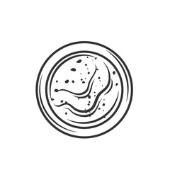 Hot chili sauce top view in bowl outline icon vector illustration. Hand drawing chilli pepper dip of Mexican cuisine, spicy salsa for seasoning food, chili barbeque condiment and cooking ingredient