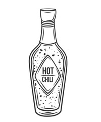 Fototapeta na wymiar Hot chili sauce in bottle outline icon vector illustration. Line hand drawing spicy chilli product in package with label and cap, spice and dip, dressing and seasoning, chili condiment for cooking